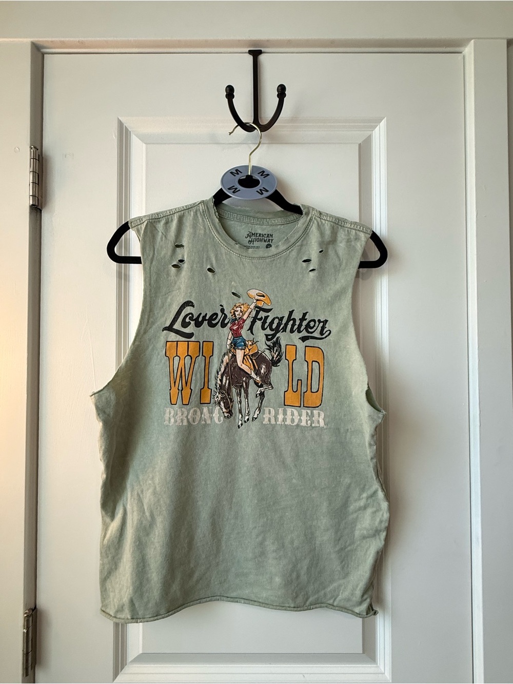 American Vintage-Inspired 'Wild Bronco Rider' Sage Green Tank Top